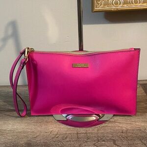 Trina Turk Pink Large Wristlet Clutch with Strap Gold Accents 11x6.75